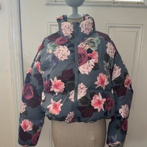 JustFab Floral Puffer Jacket - Pink and Blue